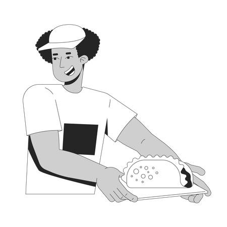 Smiling latino street food vendor offering taco on tray  Illustration