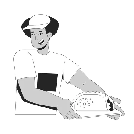 Smiling latino street food vendor offering taco on tray  Illustration