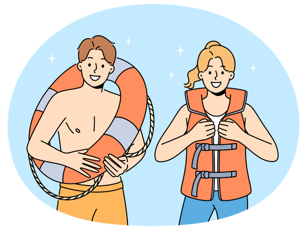 Smiling lifeguards in vest and lifebuoy  Illustration