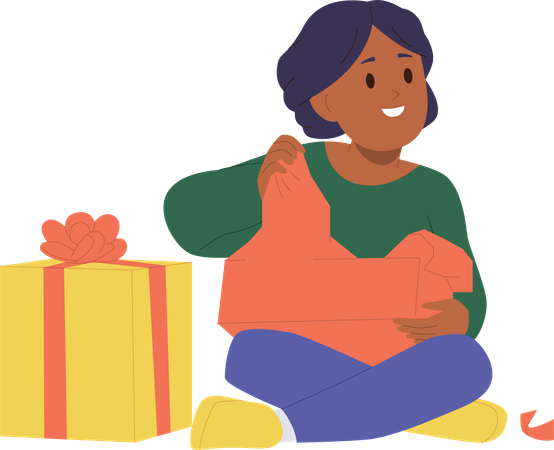 Smiling little girl opening present box unwrapping birthday gifts  Illustration