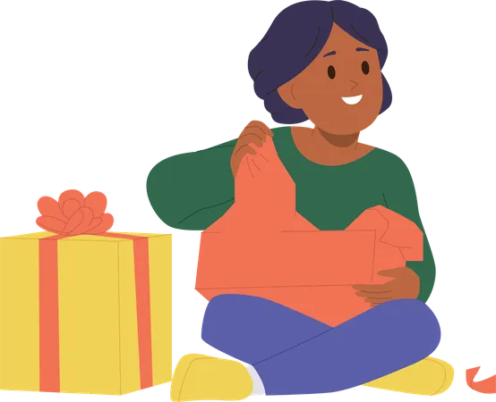 Smiling little girl opening present box unwrapping birthday gifts  イラスト