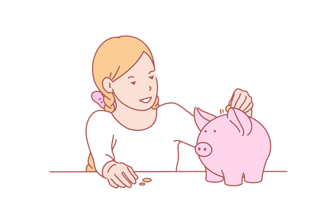Smiling little girl saving money in piggybank  イラスト