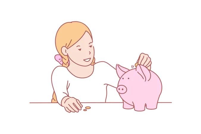 Money Savings Childhood Skill Concept Smiling Little Girl Saving Money In Piggybank For Shopping Happy Young Lady Funding Future Capital Financial Planning Childhood Education Simple Flat Vector イラスト
