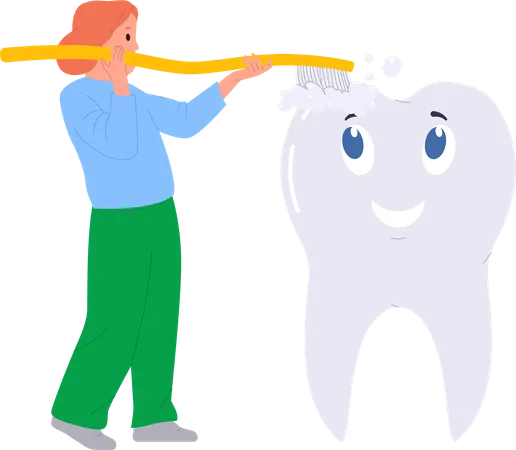 Smiling Little Preschool Girl Child Cartoon Character Brushing Big White Healthy Tooth With Toothbrush And Paste Isolated Vector Illustration Hygienic Daily Routine For Oral Health And Care Illustration