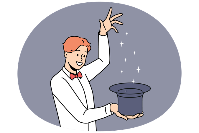 Smiling magician with hat showing trick  Illustration