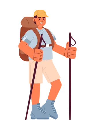 Smiling Male Backpacker With Trekking Poles Semi Flat Colorful Vector Character Happy Man With Hiking Staff Editable Full Body Person On White Simple Cartoon Spot Illustration For Graphic Design Illustration