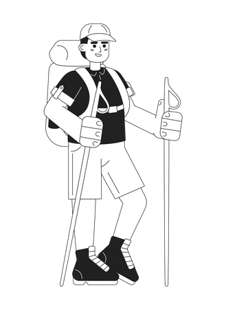 Smiling male backpacker with trekking poles  일러스트레이션