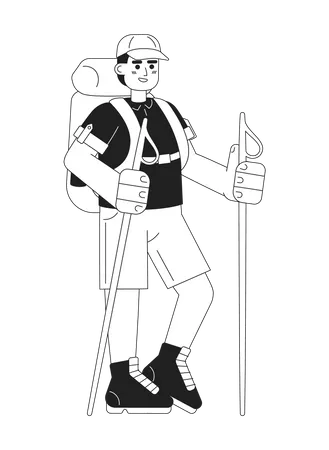 Smiling male backpacker with trekking poles  Illustration