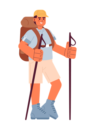 Smiling male backpacker with trekking poles  Illustration