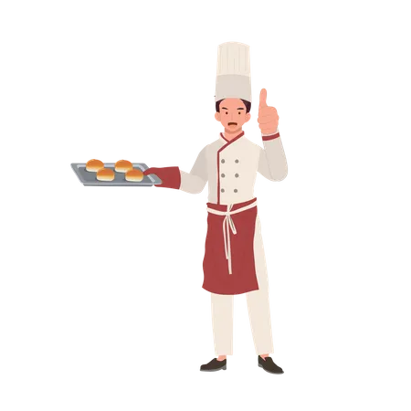 Full Length Smiling Male Chef Character Giving Thumb Up Chef Giving Approval Gesture Flat Vector Cartoon Illustration Illustration