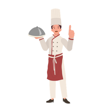 Smiling Male Chef holding cloche and Giving Thumb Up  Illustration