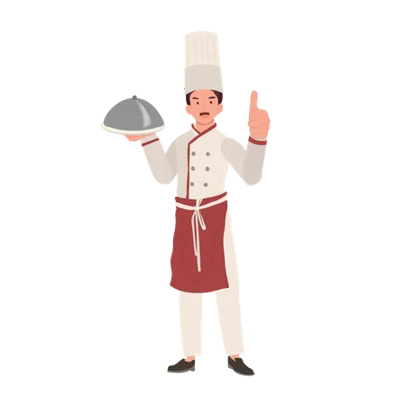 Smiling Male Chef holding cloche and Giving Thumb Up  Illustration