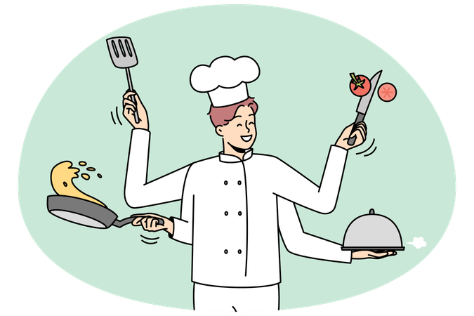 Smiling male chef in uniform with kitchen utensils multitasking at work  Illustration