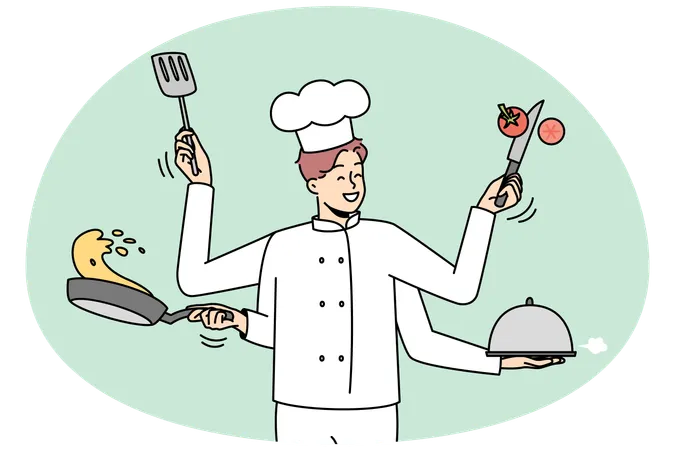 Smiling male chef in uniform with kitchen utensils multitasking at work  Illustration