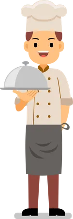 Smiling male chef serving main course dish  Illustration