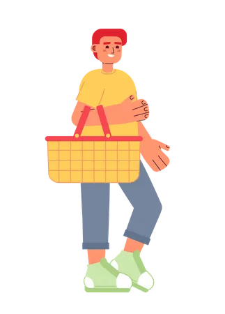 Smiling Male Customer With Shopping Basket Semi Flat Colorful Vector Character Shopper Editable Full Body Person On White Simple Cartoon Spot Illustration For Web Graphic Design And Animation Illustration