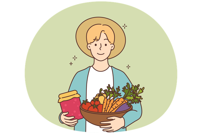 Smiling male farmer with fruits and vegetables in hands  Illustration