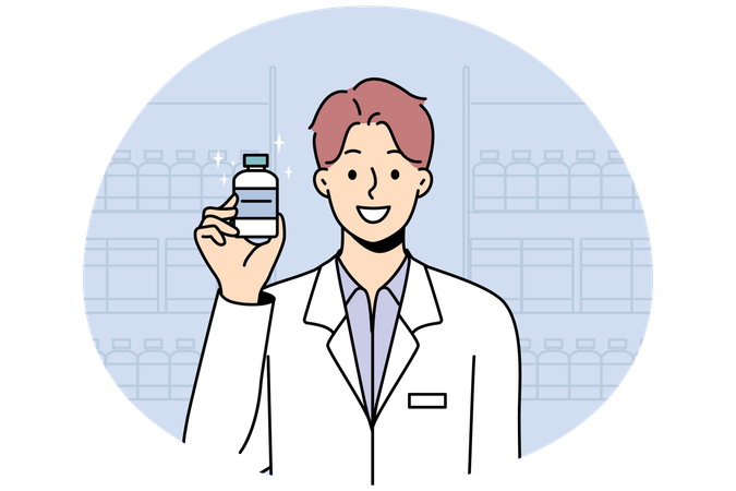 Smiling male pharmacist holding medication  Illustration