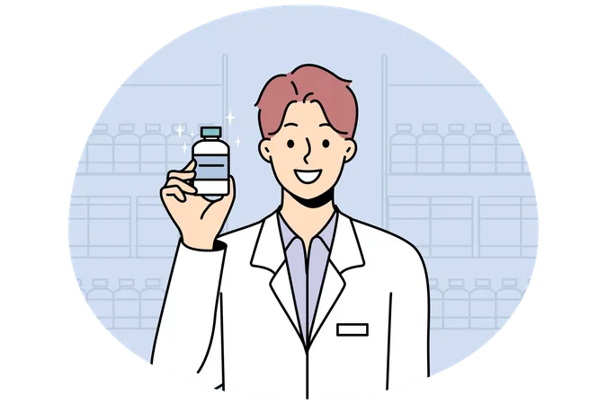 Smiling male pharmacist holding medication  Illustration