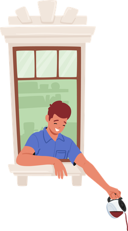 Smiling male pouring fresh brewed Coffee from pot out of the window  Illustration