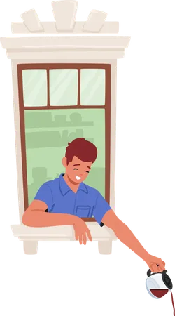 Smiling male pouring fresh brewed Coffee from pot out of the window  Illustration