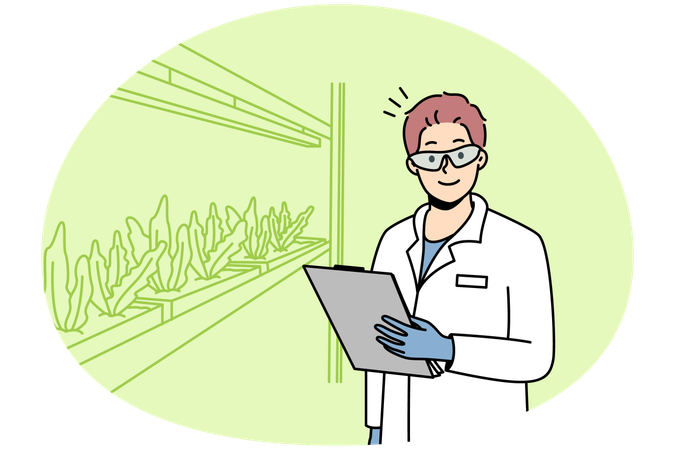 研究室で植物を育てる制服を着た笑顔の男性科学者  イラスト