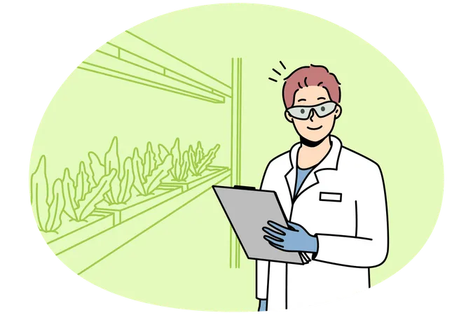 研究室で植物を育てる制服を着た笑顔の男性科学者  イラスト