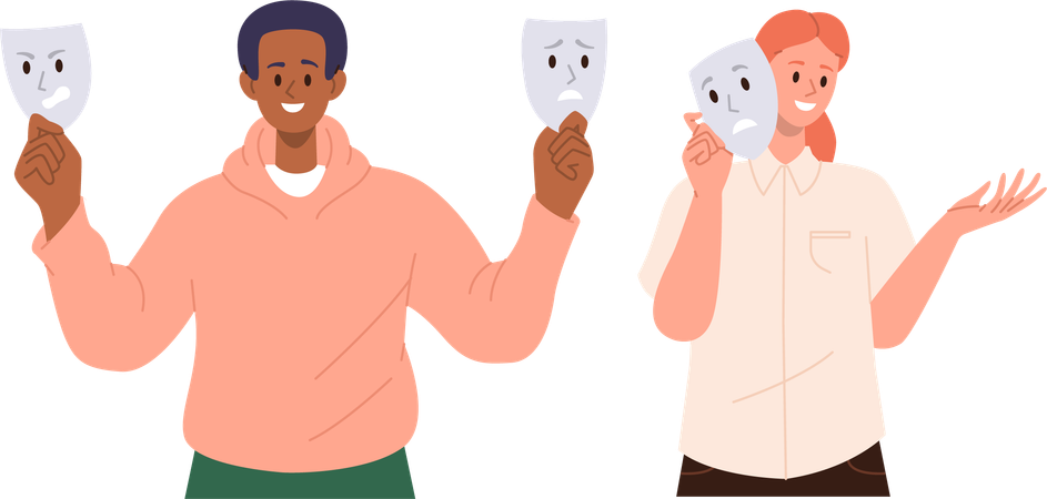 Smiling man and woman holding mask with sad emotion  Illustration