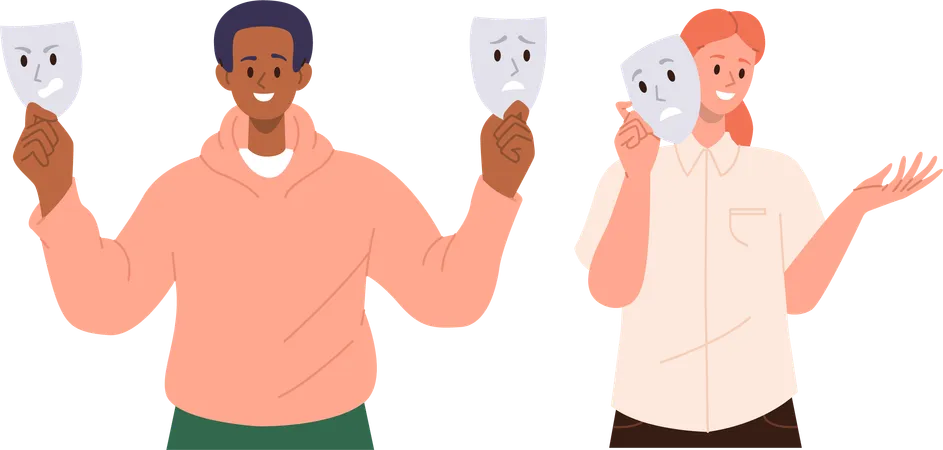 Smiling man and woman holding mask with sad emotion  Illustration