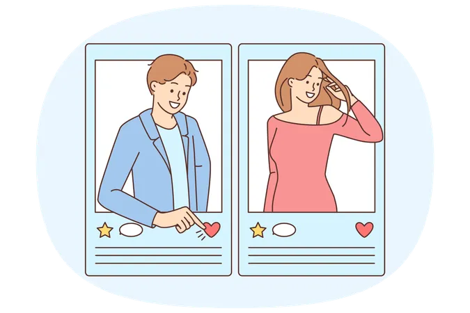 소셜 미디어 프로필을 좋아하는 미소 짓는 남자와 여자  일러스트레이션