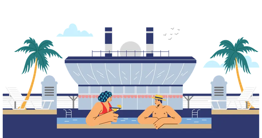 プールでくつろぐ笑顔の男女  イラスト