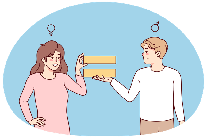 Smiling man and woman show equality sign  Illustration