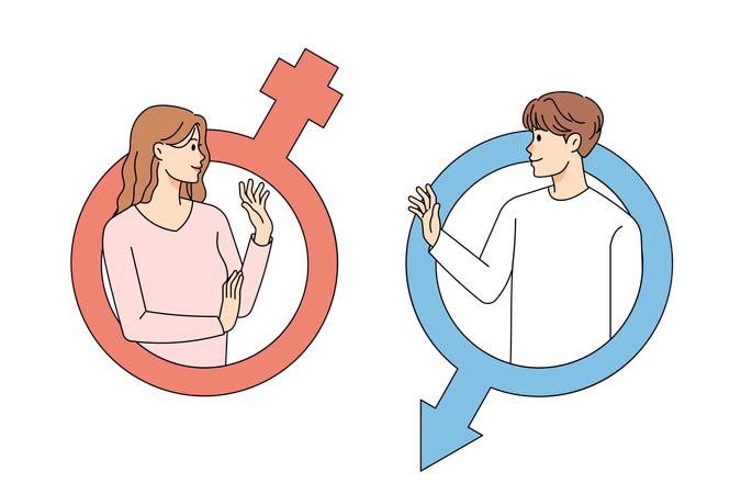 Smiling man and woman talk in gender symbols  Illustration