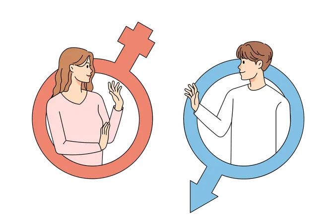 Smiling man and woman talk in gender symbols  Illustration