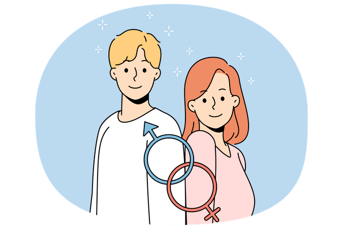 Smiling man and woman with gender identity signs  Illustration
