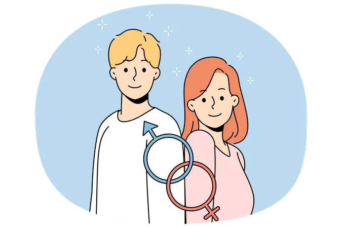 Smiling man and woman with gender identity signs  Illustration