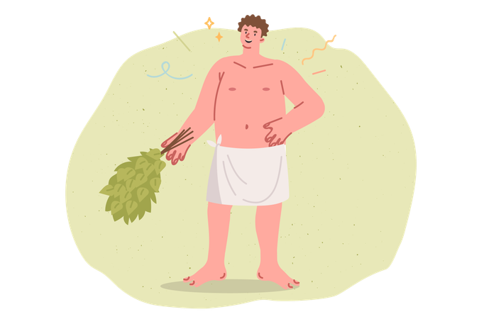 Smiling man bathhouse attendant holds birch broom for massage procedures in bathhouse  Illustration
