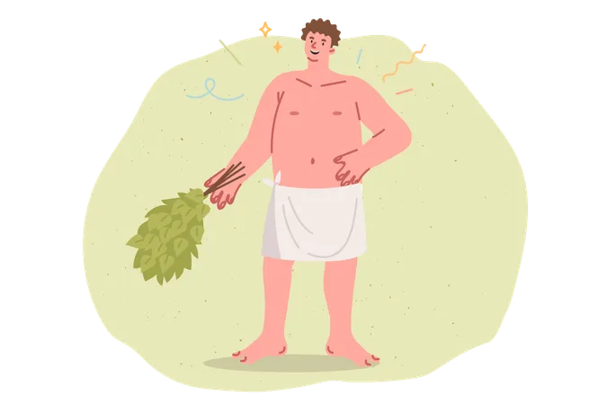 Smiling man bathhouse attendant holds birch broom for massage procedures in bathhouse  Illustration