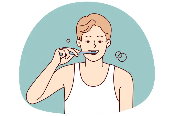 Smiling man brushing teeth in morning  Illustration