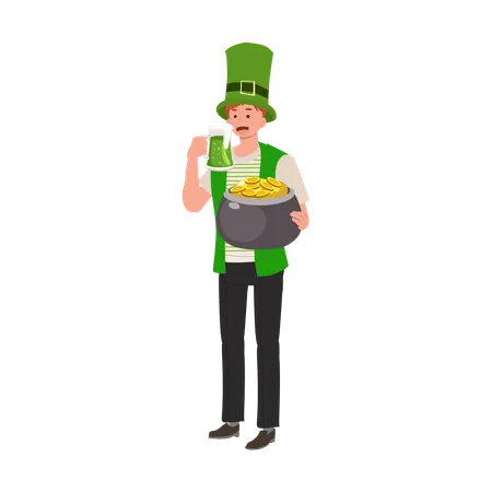 Smiling Man Celebrating St Patrick's Day with Green Beer  Illustration