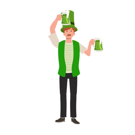 Smiling Man Celebrating with Green Beer  Illustration