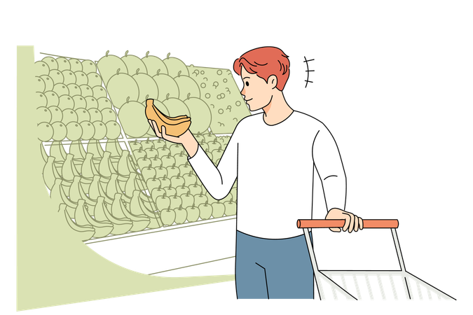 Smiling man choose fruit in supermarket  Illustration