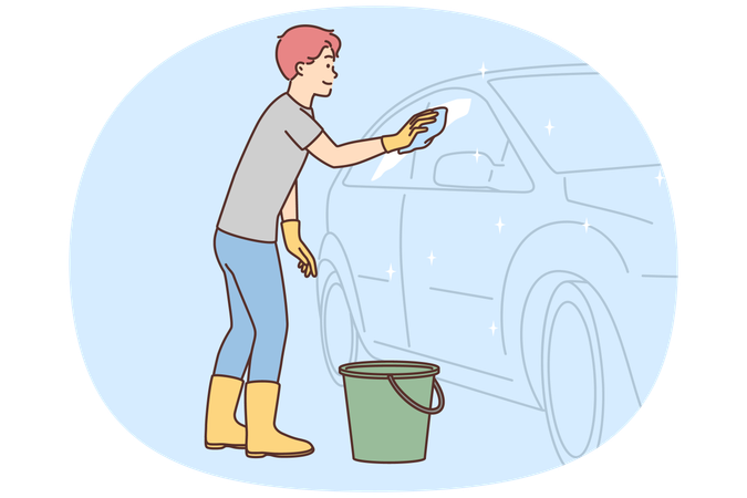 Smiling man cleaning car with cloth and detergent  Illustration
