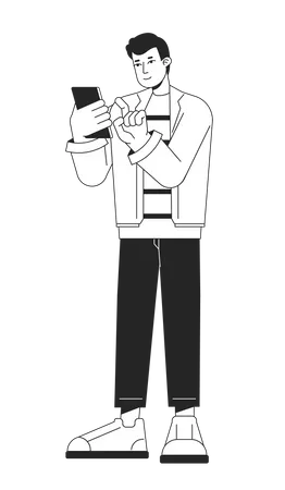 Smiling Man Dialing Number On Cellphone To Call Bw Vector Spot Illustration Gadget Guy 2 D Cartoon Flat Line Monochromatic Character On White For Web UI Design Editable Isolated Outline Hero Image Illustration