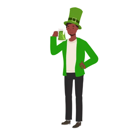 St Patricks Day Celebration With Green Beer Smiling Man Celebrating With Green Beer Illustration