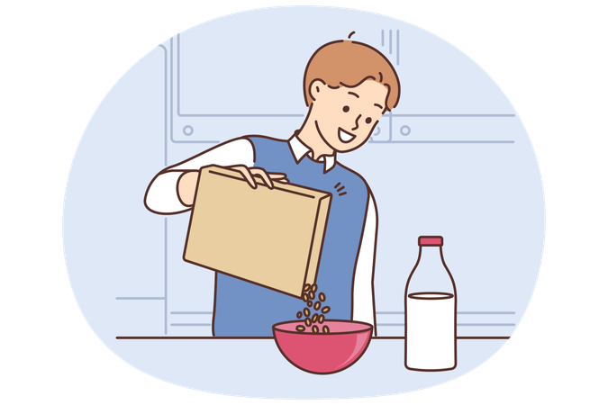 Smiling man eat cereal with milk for breakfast  Illustration