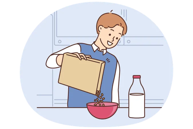 Smiling man eat cereal with milk for breakfast  Illustration