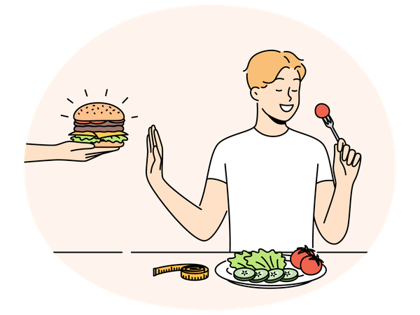 Smiling man eat salad refuse from burger  Illustration