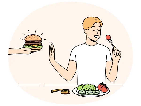 Smiling man eat salad refuse from burger  Illustration