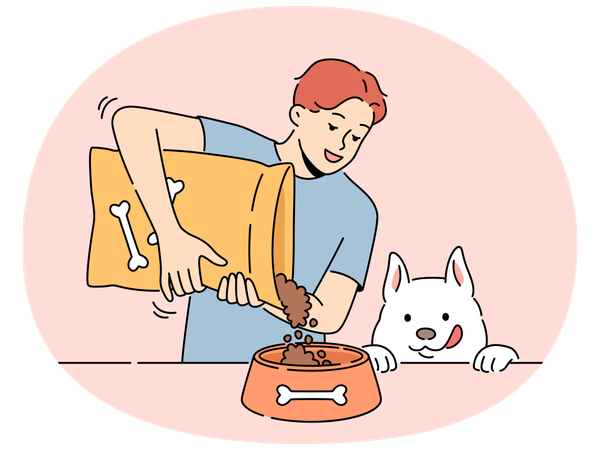 Smiling man give food from package to dog  Illustration